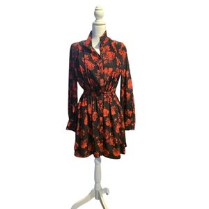 The Kooples 100% Silk Floral Black & Red Roses And Dots Dress Size Small